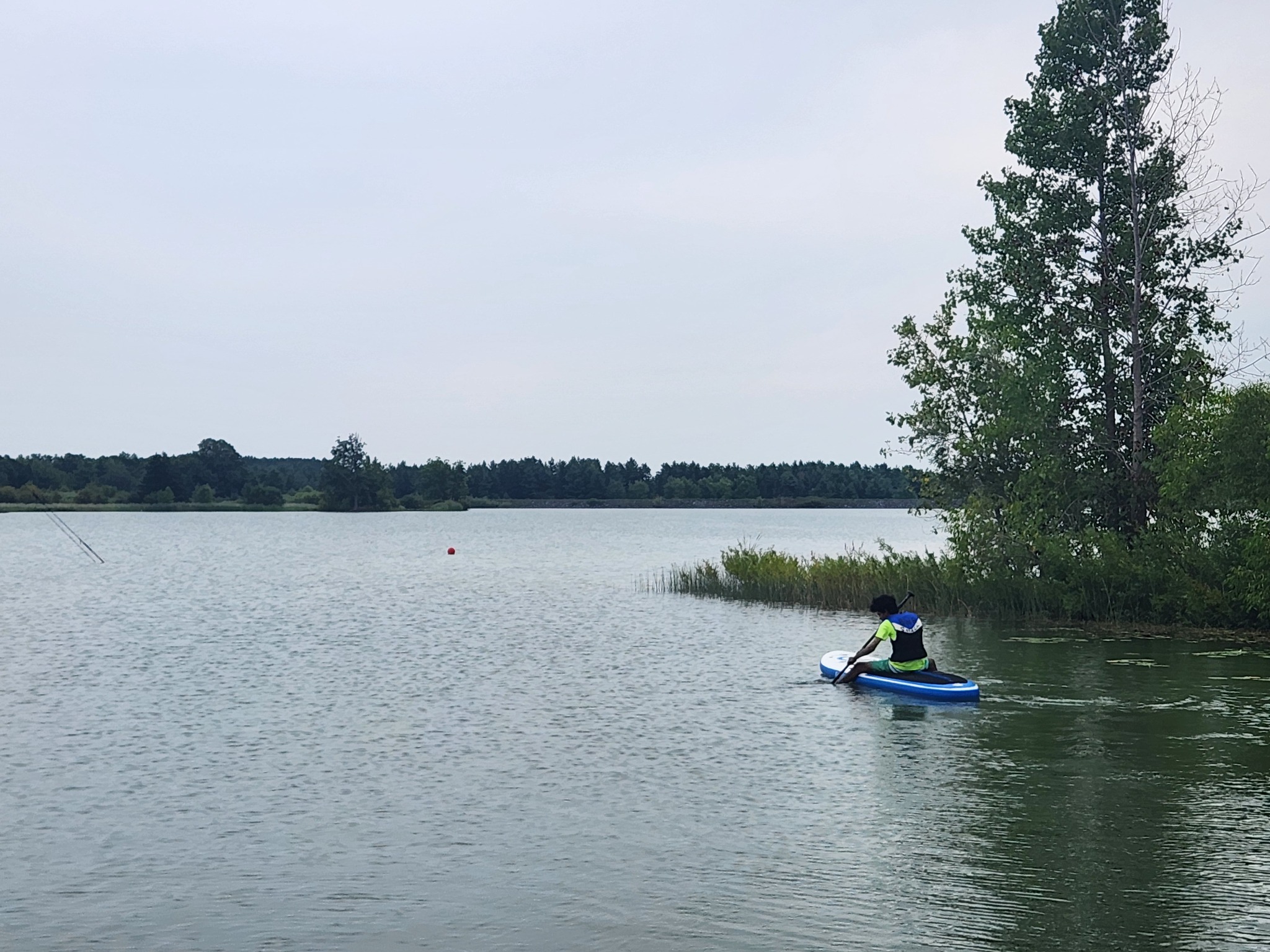 A child paddleboarding on a quiet lake near the shore.