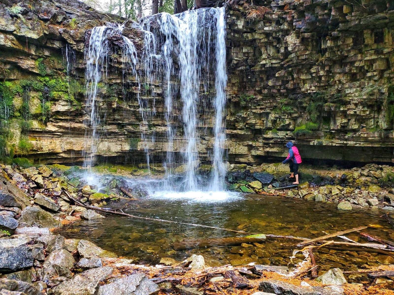 A person standing near a rocky waterfall in a forest.